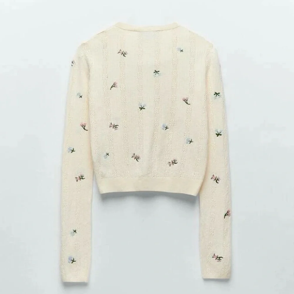 Zara Floral Embroidered Pointelle Knit Cardigan in Butter Yellow - Picture 4 of 10